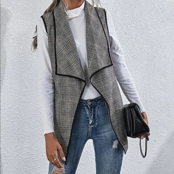 Jackets & Blazers - Waterfall front vest plaid jacket gray black fall